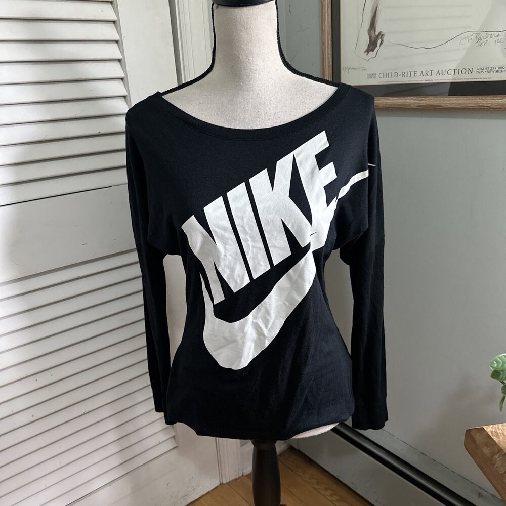 Nike Top Womens Small Black Oversized Futura Logo Swoosh Long Sleeve Athleisure